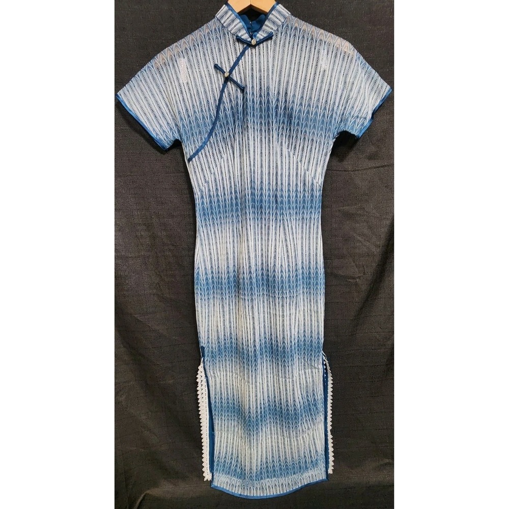 Women's Stripe Cheongsam Blue White Pearl Embroidered Traditional Chinese Dress